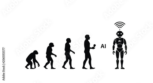 Evolution sequence depicts the progression from early primates to artificial robots.