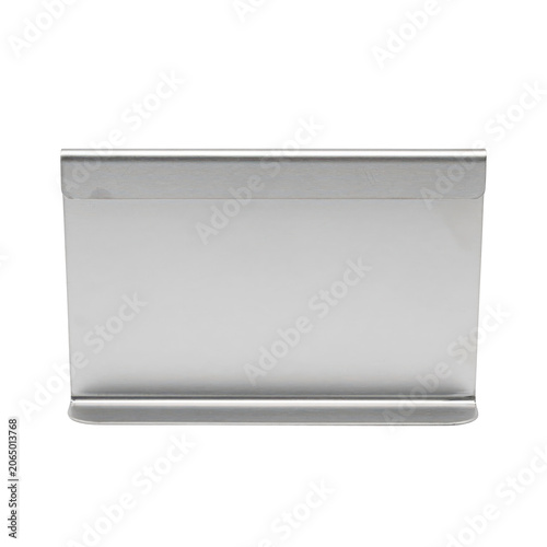 Empty silver metal table sign holder for restaurant menus or name cards, isolated on a transparent background, for easy editing, and use isolated on a transparent background