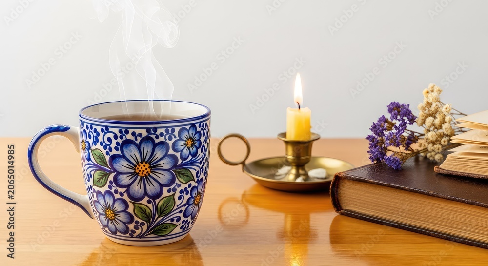 Fototapeta premium A delicate floral ceramic mug filled with steaming herbal tea rests on a wooden surface beside a lit candle, vintage book, and dried flowers, accessories, rustic, vintage book