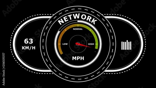 Circular digital speedometer gauge with a red needle pointing to and the text network displayed on a black background for vehicle dashboard