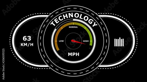 Circular digital speedometer gauge with a red needle pointing to and the text technology displayed on a black background for vehicle dashboard