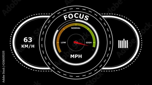Digital dashboard interface featuring a circular speedometer gauge with a red needle pointing towards speed and the word focus at the