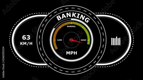 Digital dashboard gauge showing banking levels with a speedometer style interface featuring a red needle pointing towards on a black background