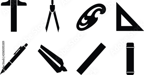 Drafting and architecture tools vector icons set featuring t-square compass french curve rulers pencil and blueprint tube
