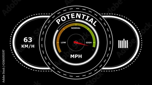 Digital dashboard gauge showing potential levels with a red needle pointing towards on a black background with speedometer and bar graph