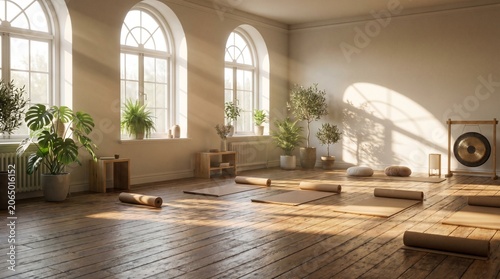 Peaceful yoga studio interior with soft morning sunlight, wooden floors and plants. Large copy space