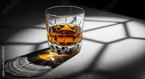 A sleek crystal tumbler filled with golden whiskey sits on a dark reflective surface with artistic lighting and sharp geometric shadows, alcohol, luxury, contrast