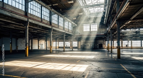 A spacious empty industrial warehouse interior featuring high ceilings, weathered concrete floors, and bright natural light streaming in, abandoned, beam, bright