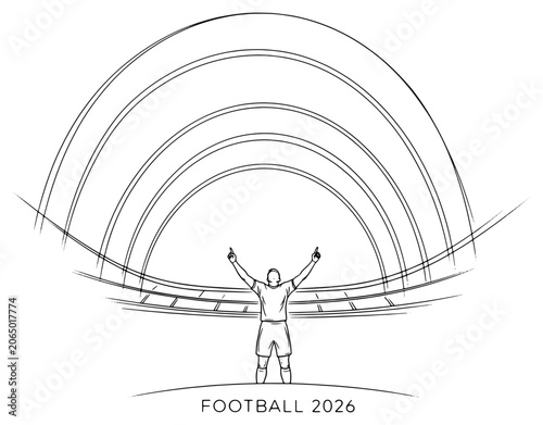 Football player raising arms in victory inside stadium line art illustration minimal soccer champion outline sketch concept football 2026 vector design