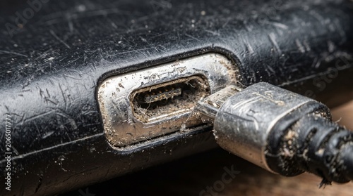 Macro shot of a filthy and dusty micro USB charging port on a black electronic device