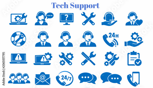 Tech Support Icons Set Collection Featuring IT Assistance Troubleshooting Customer Service Network Maintenance and Helpdesk Symbols