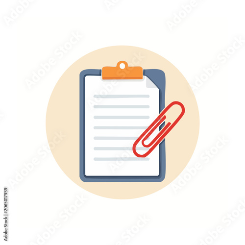 Flat design clipboard with paper and paperclip icon