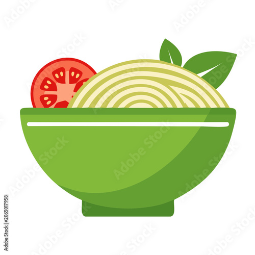 Flat design icon of pasta bowl with tomato and leaf