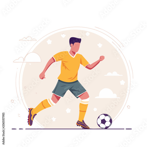 Flat design illustration of a soccer player kicking a ball