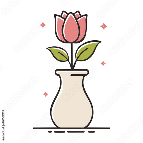 Pink Tulip in Beige Vase Flat Illustration