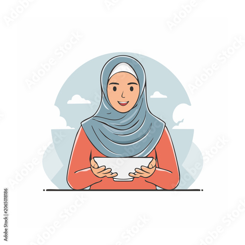 Smiling woman in hijab holding a tablet