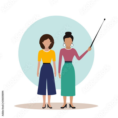 Two women in business attire with pointer