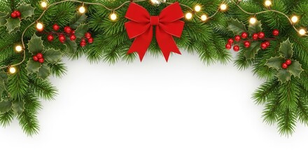 Festive neon Christmas tree border featuring vibrant green fir branches, a bright red bow, holly berries, and glowing gold lights on white, sparkle, tree, glowing