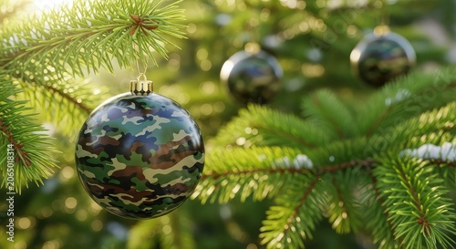 Festive holiday scene featuring round Christmas ornaments with camouflage patterns hanging on the green needles of a lush evergreen pine tree, ornaments, winter, unique