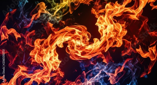 Mesmerizing abstract digital artwork featuring vibrant fiery flames dynamically swirling with intense energy and passion in colorful patterns, yellow, fluid, warm