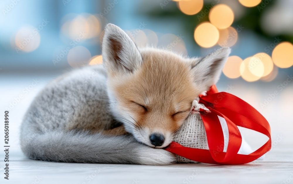 Obraz premium Cute Fox Curled Up with Tiny Festive Ribbon in Soft Warm Bokeh Background
