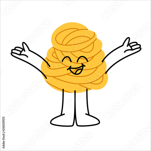 Cute and joyful pasta cartoon characters. Hand drawn vector illustration of various Italian pasta types with happy faces and funny poses, isolated on white background.