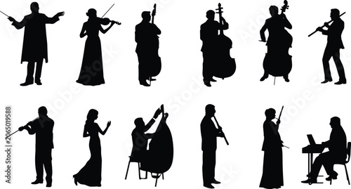 Classical Orchestra Musicians Silhouette Collection Set with Conductor String Players and Pianist Performance Poses