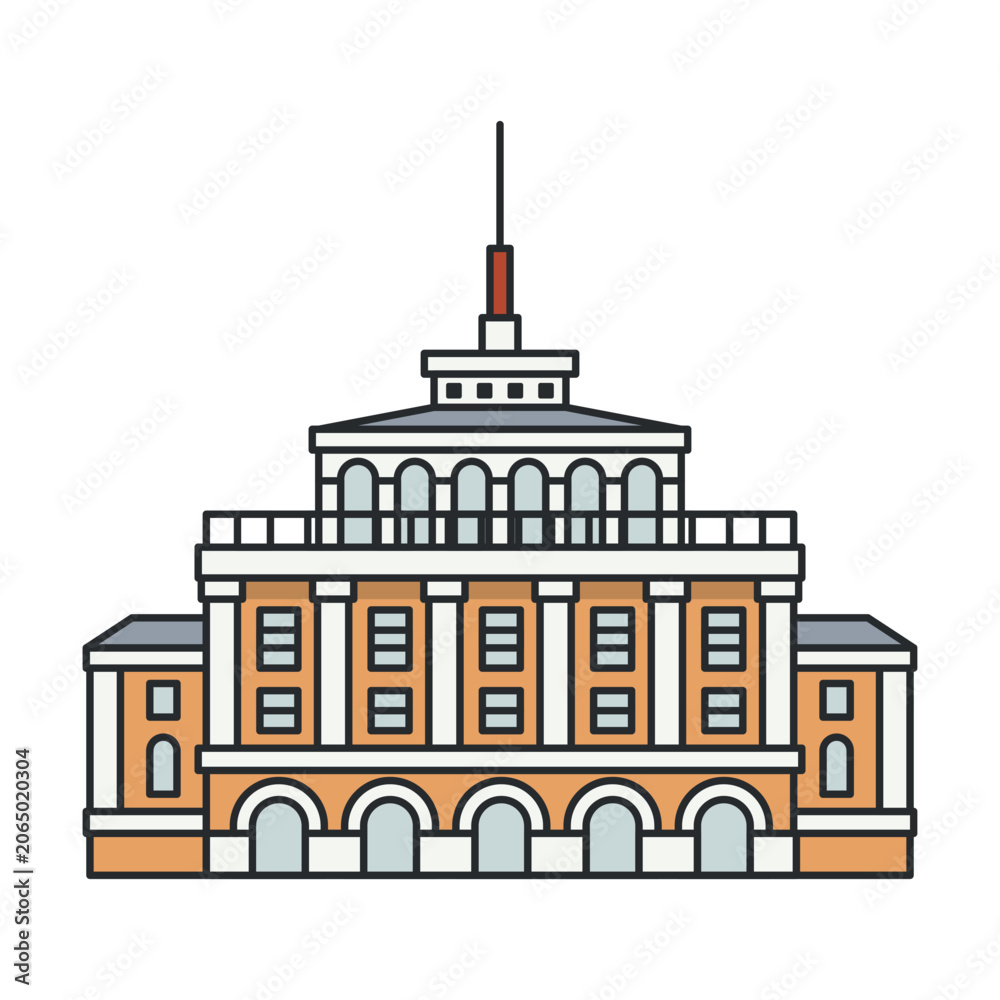 Naklejka premium Historic government building icon with tower and columns. Architectural landmark isolated on white background.
