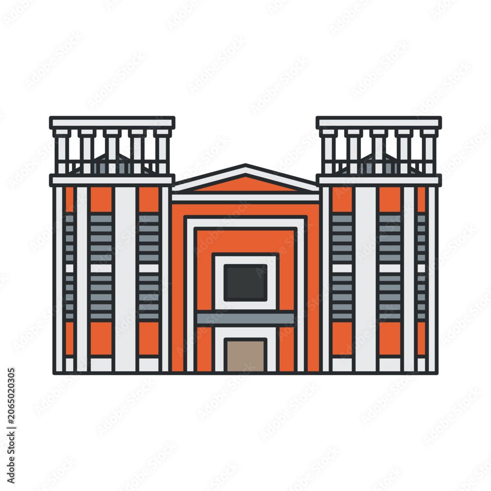 Naklejka premium Historic public building icon with twin towers and columns. Architectural landmark isolated on white background.