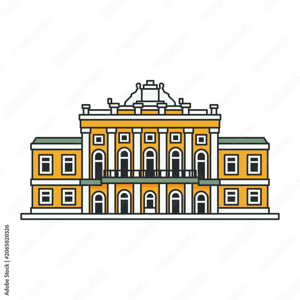 Naklejka premium Historic neoclassical mansion icon with columns. Flat illustration isolated on white background.