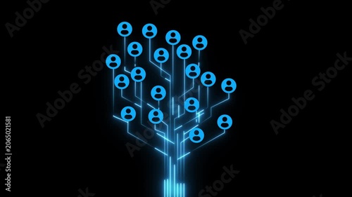 Digital social network tree animation: connected people and global communication data flow digital tree