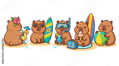 Photography Cute capybara summer beach sticker pack with kawaii tropical vacation character