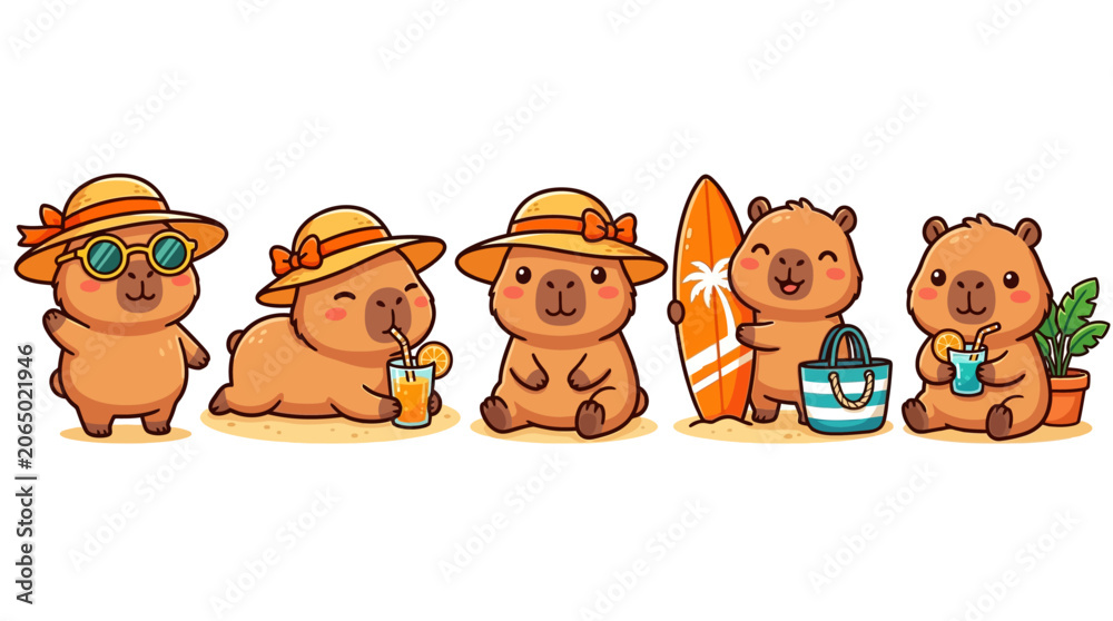 Fototapeta premium Cute capybara summer beach holiday cartoon character bundle vector illustration