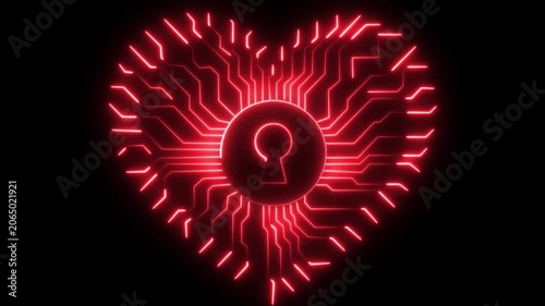 Glowing red digital circuit heart with keyhole symbol, cyber security and love technology concept