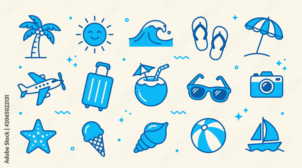 Fototapeta premium Minimalist beach holiday glyph icon collection on cream background illustration