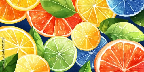 Colorful watercolor illustration of various citrus fruit slices and green leaves overlapping on a dark background.
