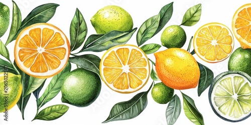 Illustration of various citrus fruits, including oranges, lemons, and limes, with leaves in a vibrant, detailed botanical style.