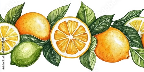 Illustration of citrus fruits including lemons, oranges, and limes with green leaves on a white background.