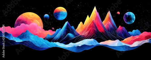 A vibrant cosmic landscape featuring colorful mountains, planets, and stars in a surreal, neon-lit outer space scene.