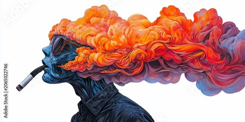 A surreal digital artwork depicts a blue-skinned figure smoking a cigarette, with vibrant orange and red smoke swirling dramatically from their head.