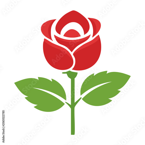 Red rose icon with green leaves on transparent background