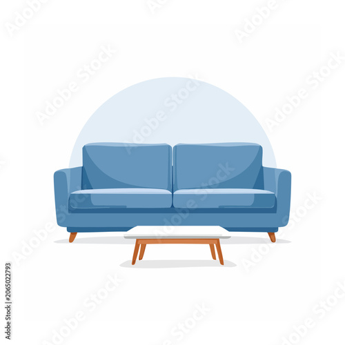 Blue Sofa and Coffee Table Flat Design Illustration