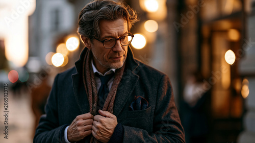 Mature man adjusting coat before a cultural event on a warm evening street light, timeless elegance and refined posture photorealistic