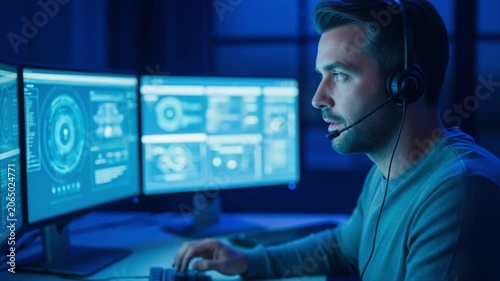 Tech Support Vigilance A focused man in a dimly lit room illuminated by the blue glow of multiple computer monitors wears a headset and intently studies complex data streams