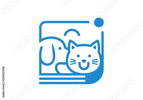 A minimalist blue outline logo depicting a smiling cat and dog in a photo frame style, with curved edges and a subtle shadow effect, designed for pet-related services