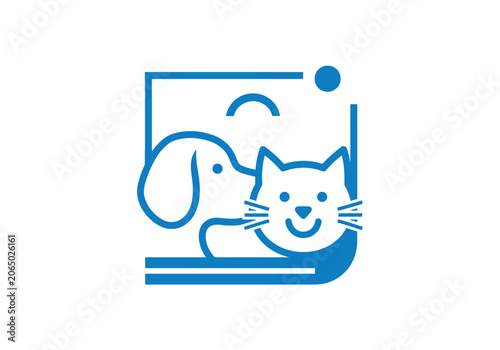 Simple line drawing of a dog and cat inside a rectangular frame with a circular background