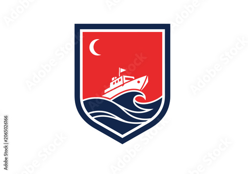 Simplified maritime shield emblem with boat, moon, and waves design