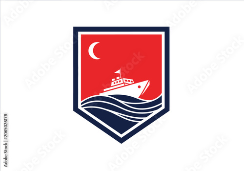 Seal emblem with a boat sailing above stylized waves under a crescent moon