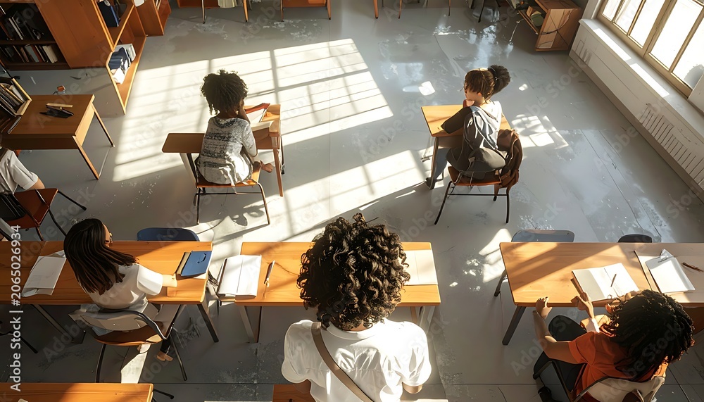 Fototapeta premium Students in classroom with desks and large windows (1)