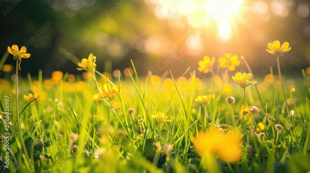 Obraz premium Sunlit meadow with yellow flowers.